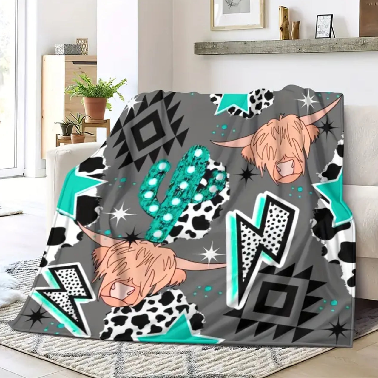 Western bling - Highland cow - cactus throw blanket - turquoise- teal