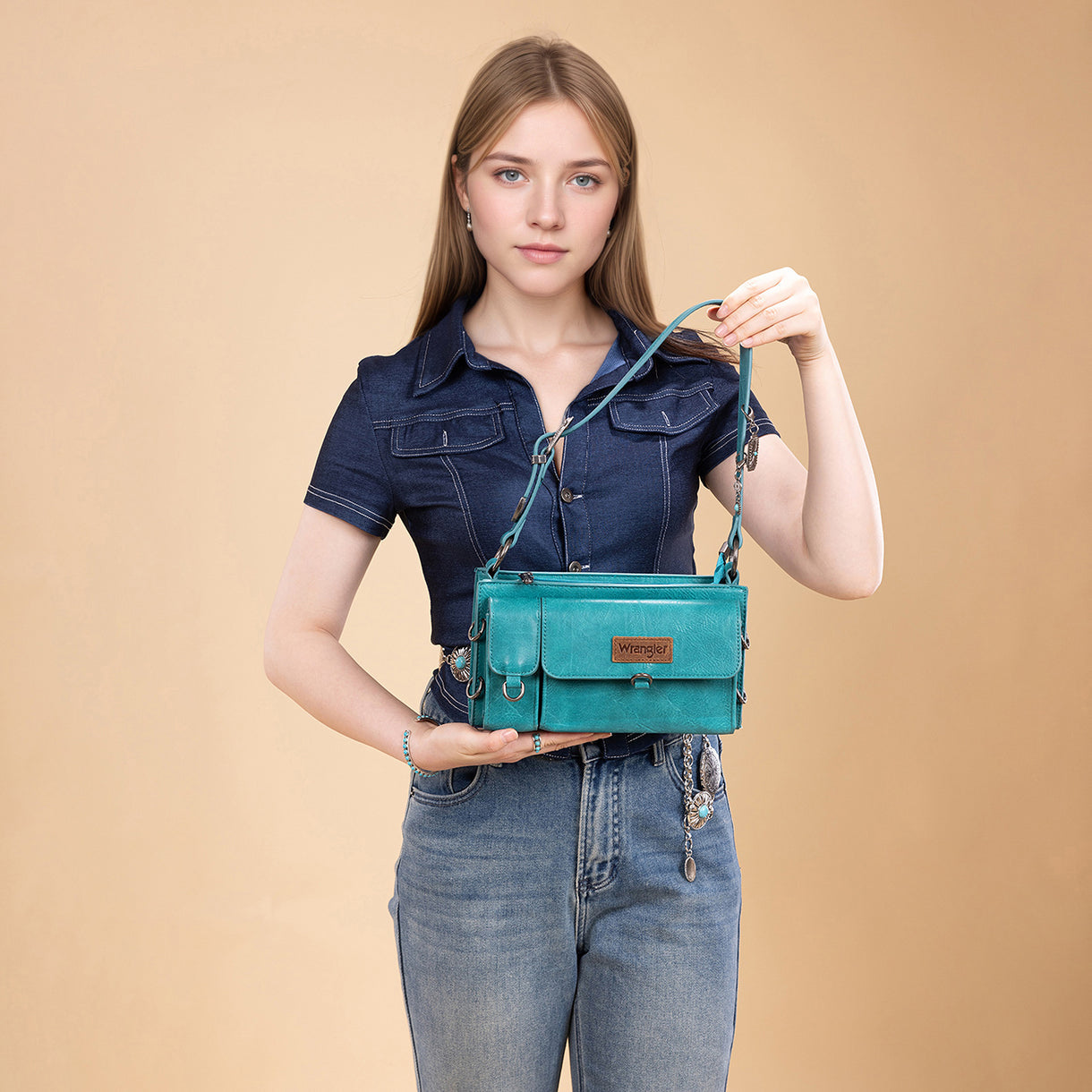 Wrangler Buckle Charm Small Shoulder Bag - Turquoise