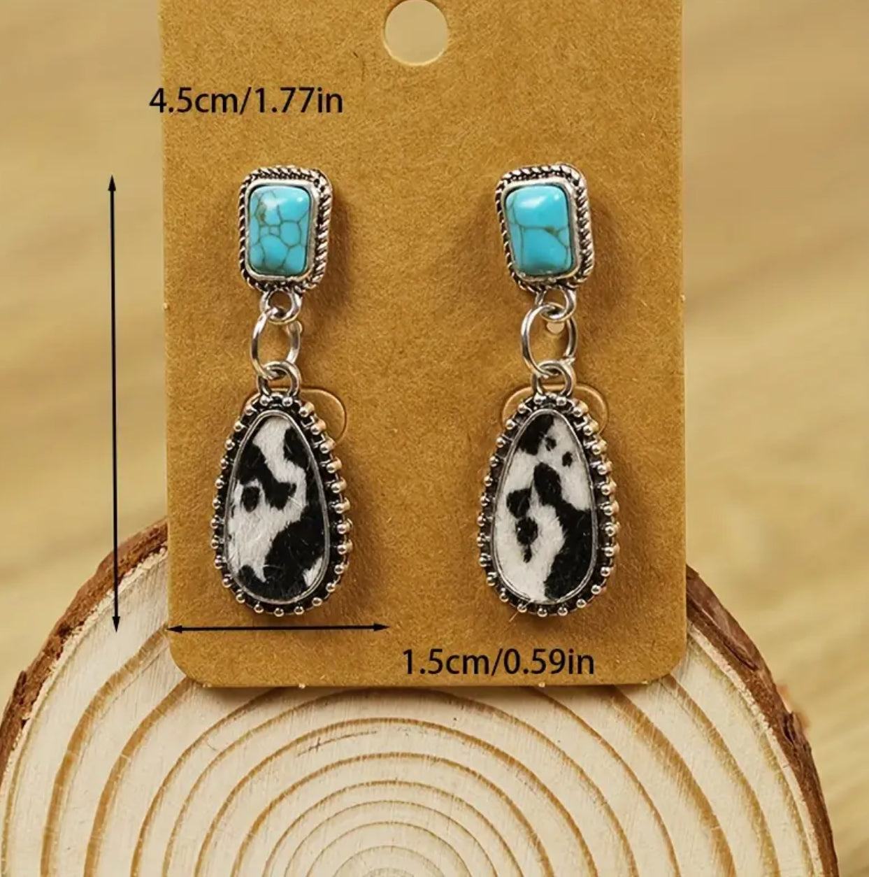 Turquoise and Cowhide Drop Earrings