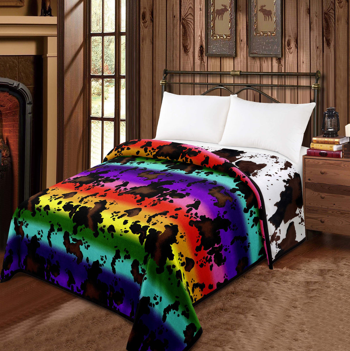✨ Reversible Rainbow Cowhide Plush Blanket – Western Flair Meets Bold Color ✨