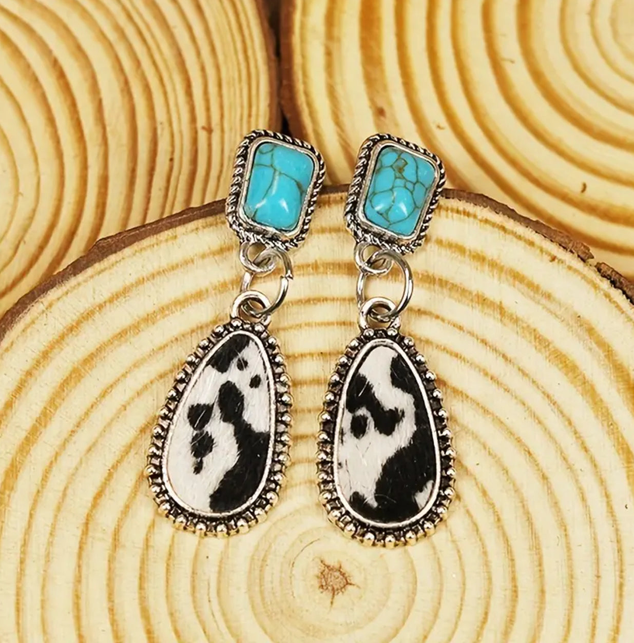 Turquoise and Cowhide Drop Earrings