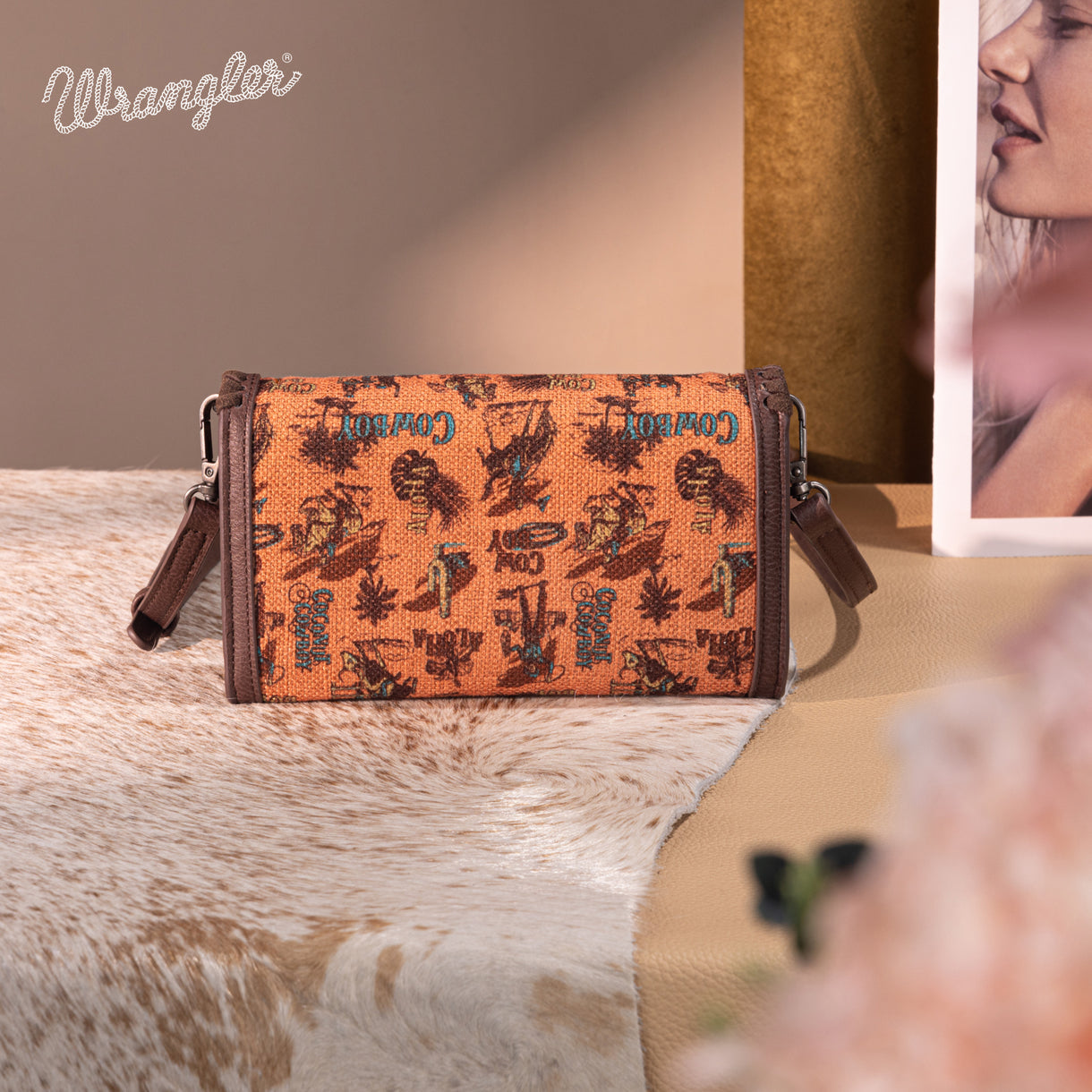 Wrangler Vintage Retro Cowboy Cool Print Wallet/Crossbody - Dark Brown