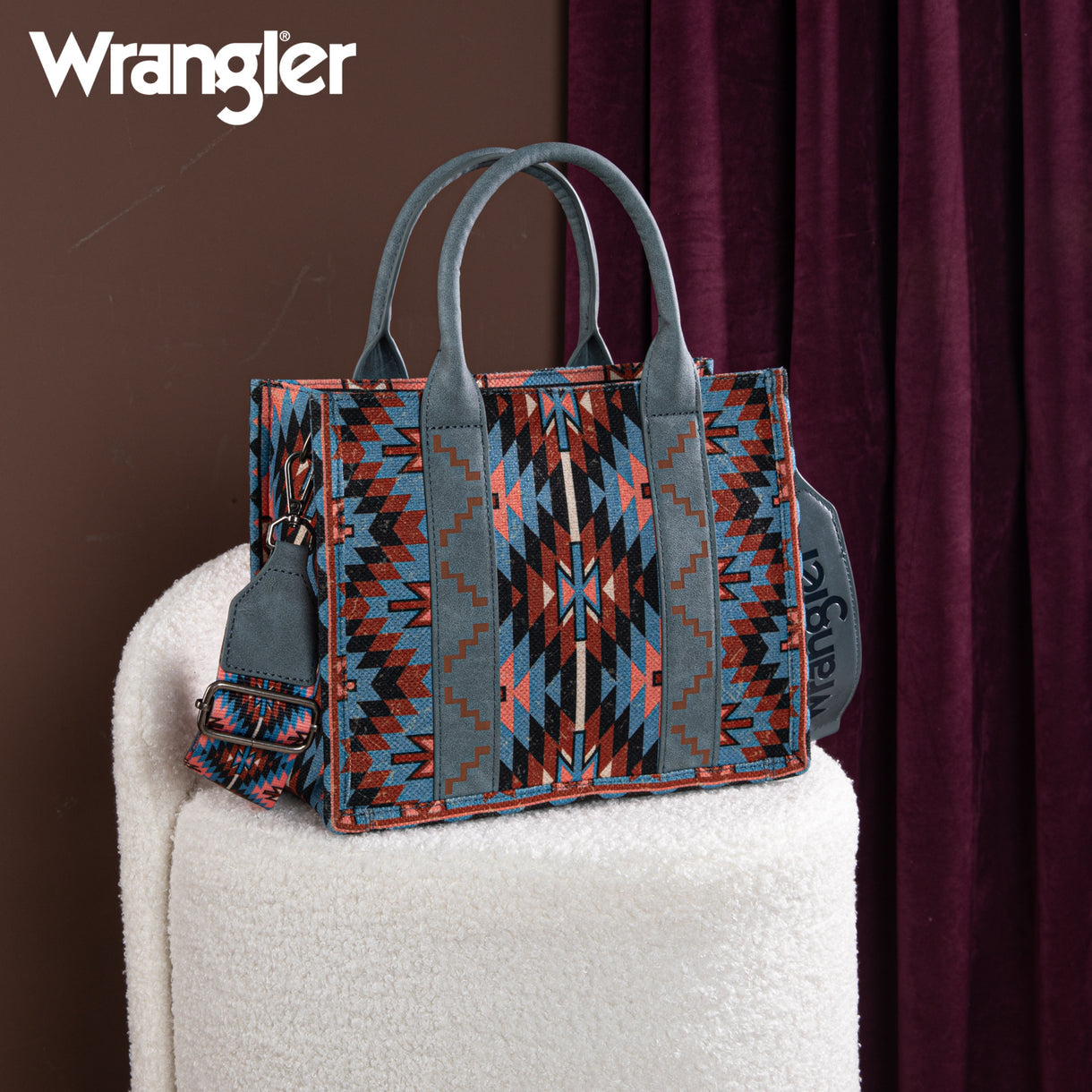 Wrangler Southwestern Pattern Dual Sided Print -Tote/Crossbody - NAVY - Denim Blue