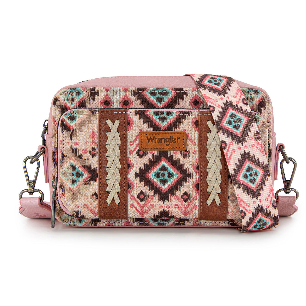 Wrangler Southwestern Pattern Dual Sided Print Crossbody Purse With Wallet Compartment - Pink