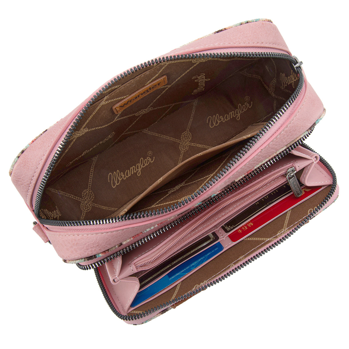 Wrangler Southwestern Pattern Dual Sided Print Crossbody Purse With Wallet Compartment - Pink