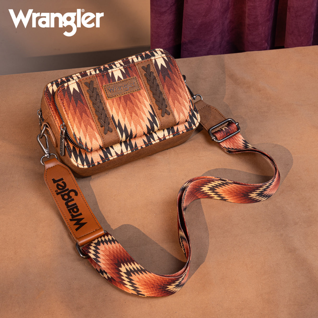 Wrangler Southwestern Pattern Dual Sided Print Crossbody Purse With Wallet Compartment - Brown