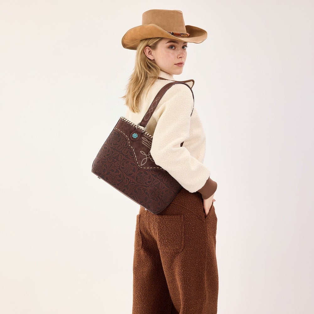 Montana West Tooled Floral Concealed Carry Tote Bag - Coffee