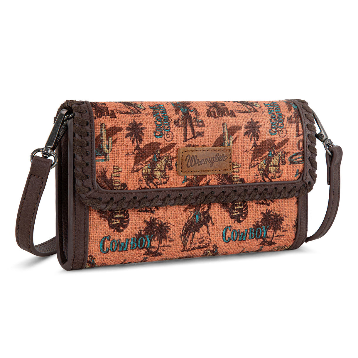 Wrangler Vintage Retro Cowboy Cool Print Wallet/Crossbody - Dark Brown