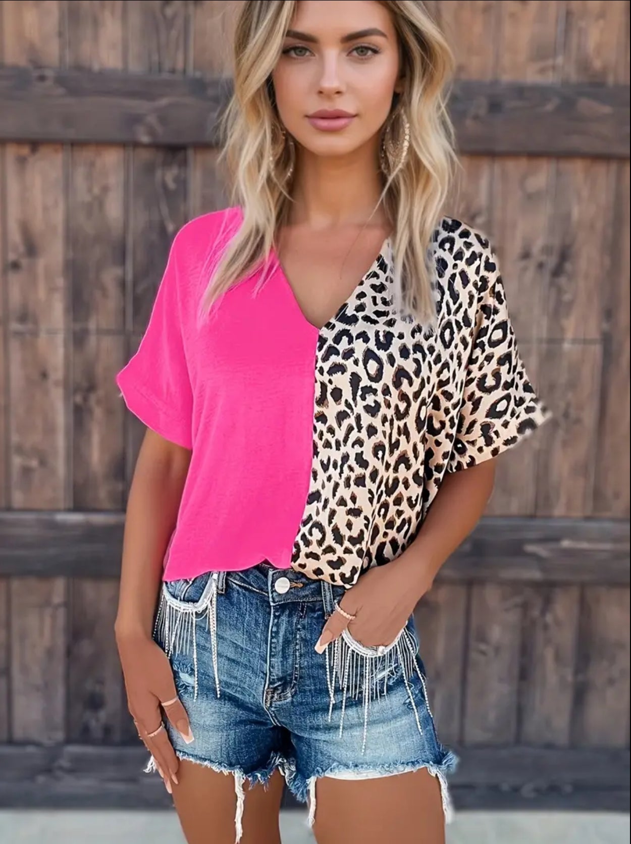 Hot pink and leopard splicing shirt