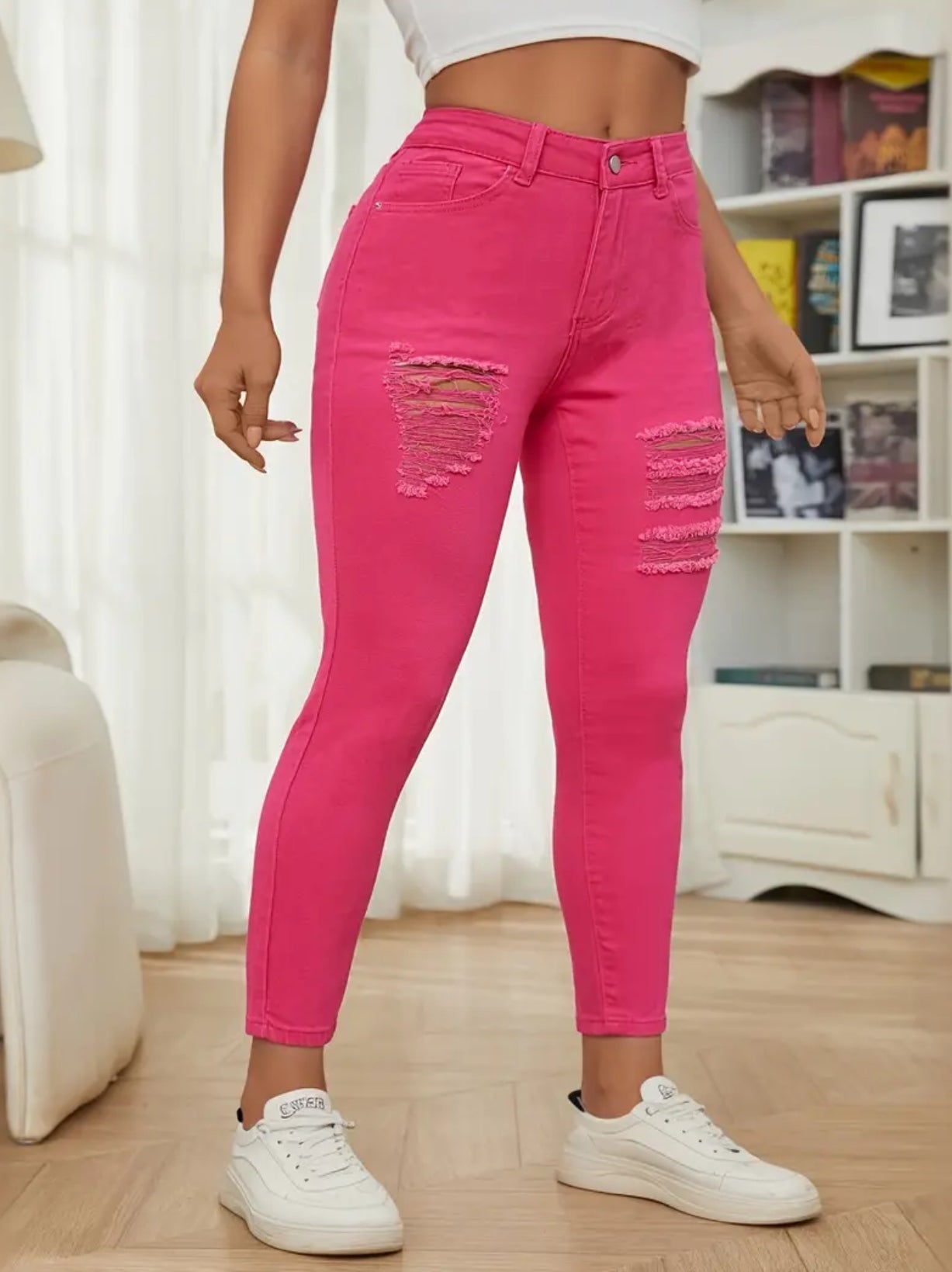 Ripped Solid Color Hot pink, Magenta Jeans, Stretch High Rise Denim Pants, Women's Denim Jeans