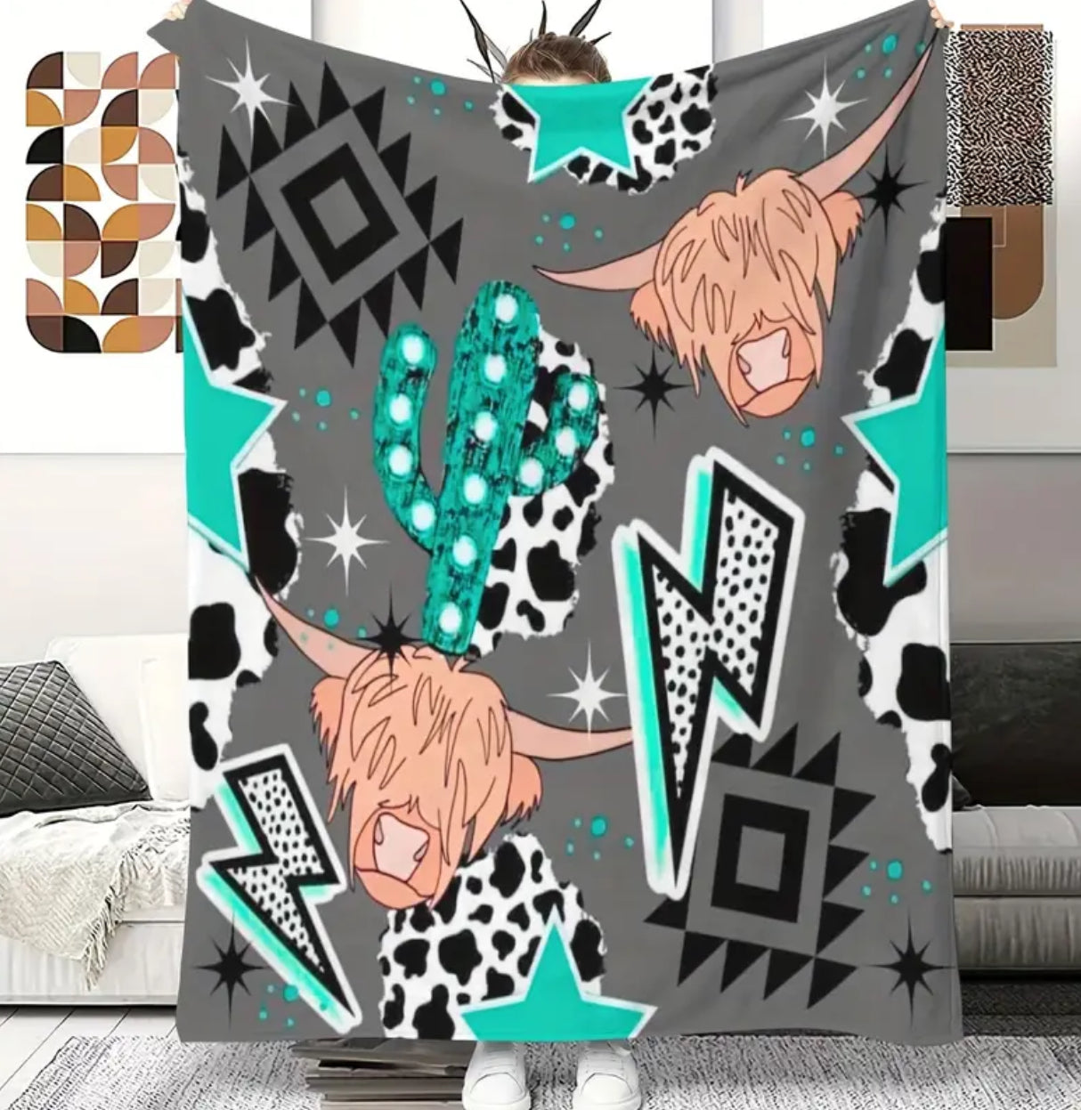 Western bling - Highland cow - cactus throw blanket - turquoise- teal