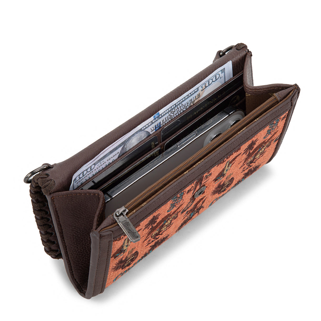 Wrangler Vintage Retro Cowboy Cool Print Wallet/Crossbody - Dark Brown