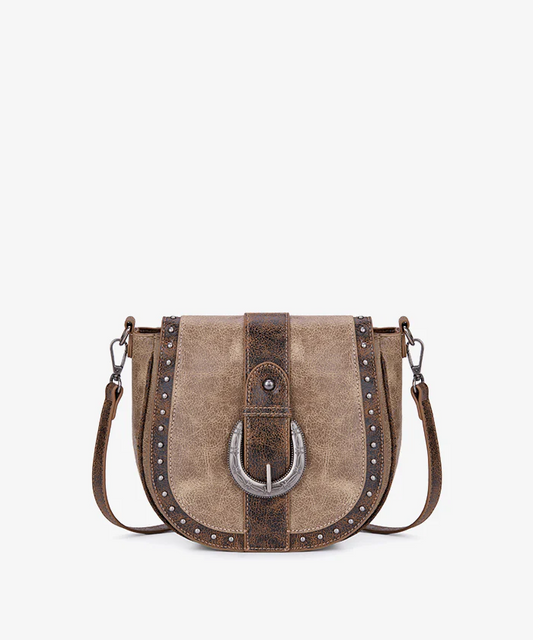 Montana West Western Buckle Studded Saddle Crossbody Bag - Brown