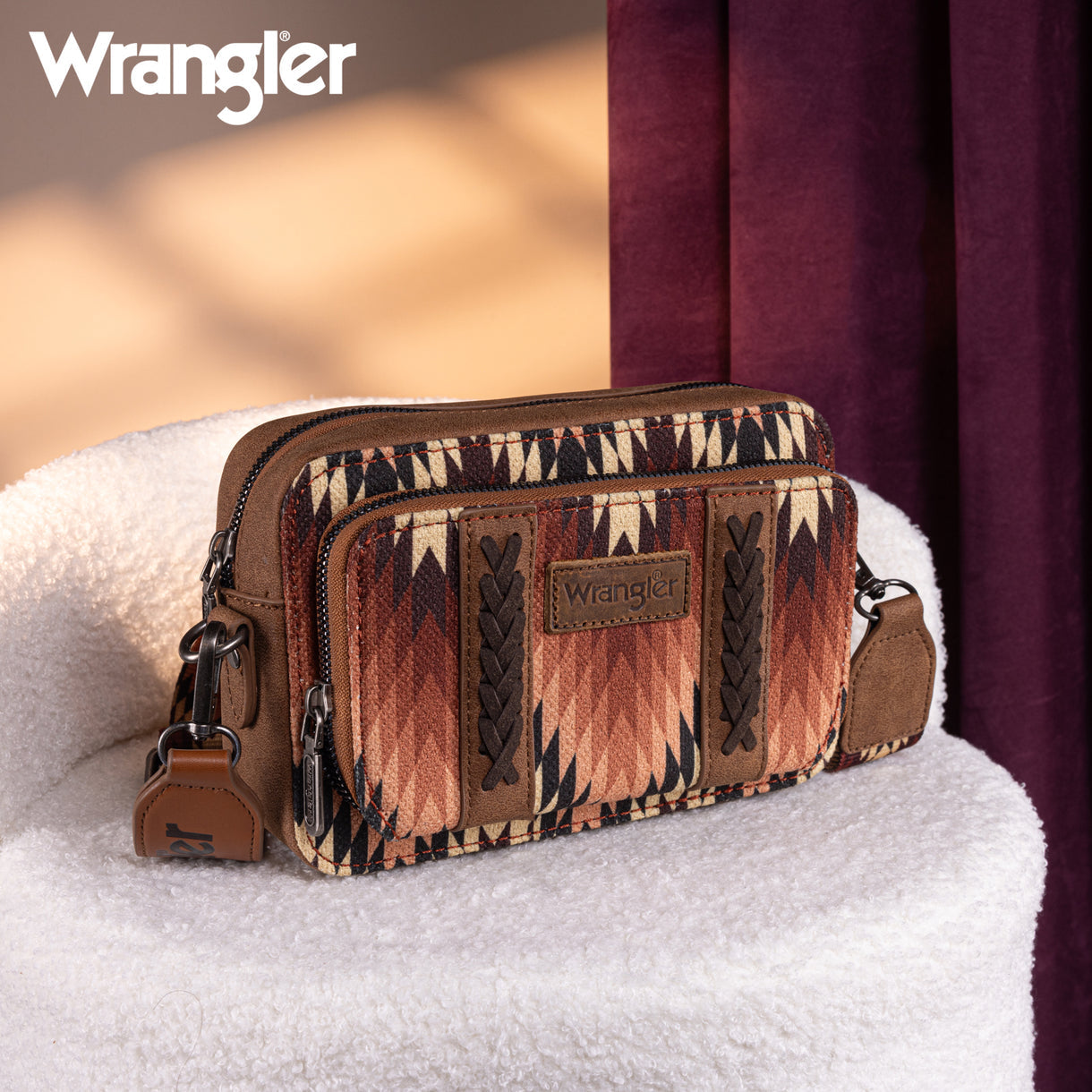 Wrangler Southwestern Pattern Dual Sided Print Crossbody Purse With Wallet Compartment - Brown