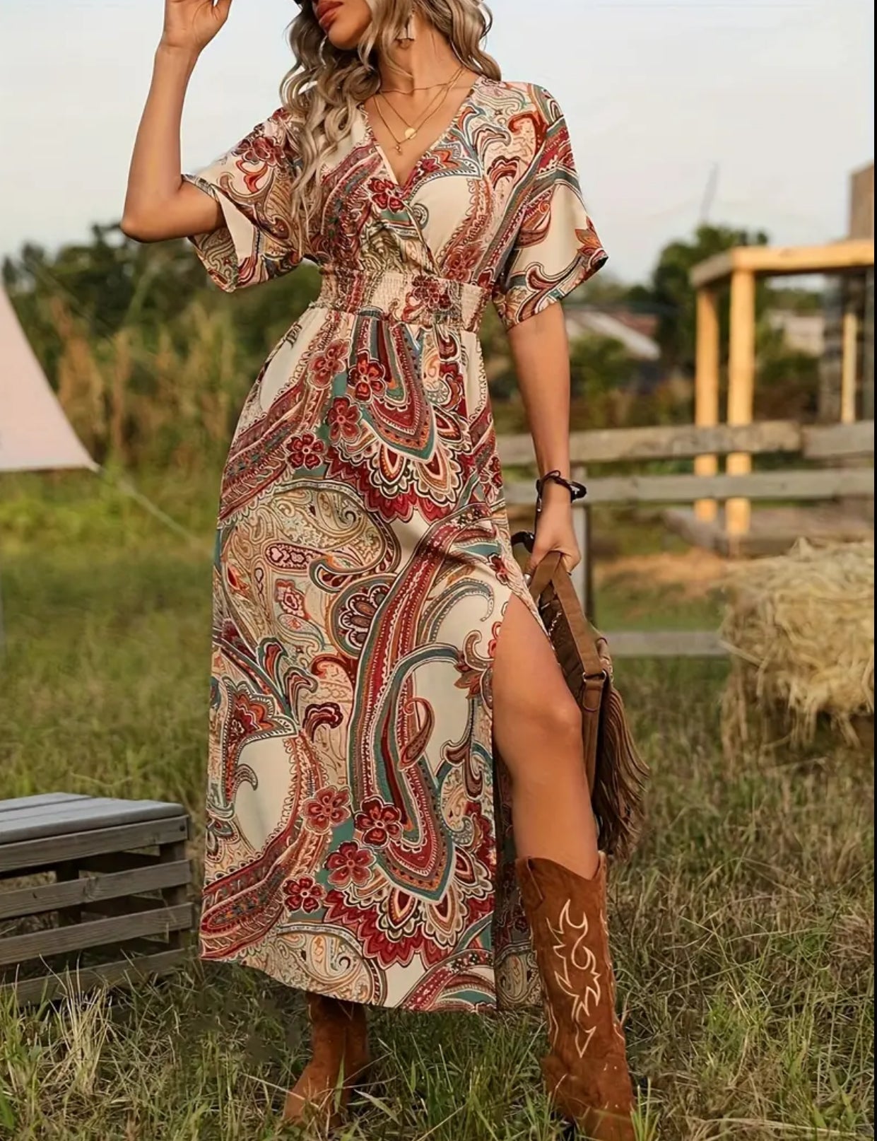 Paisley Print Dress with Cinched Waist and open Split Leg