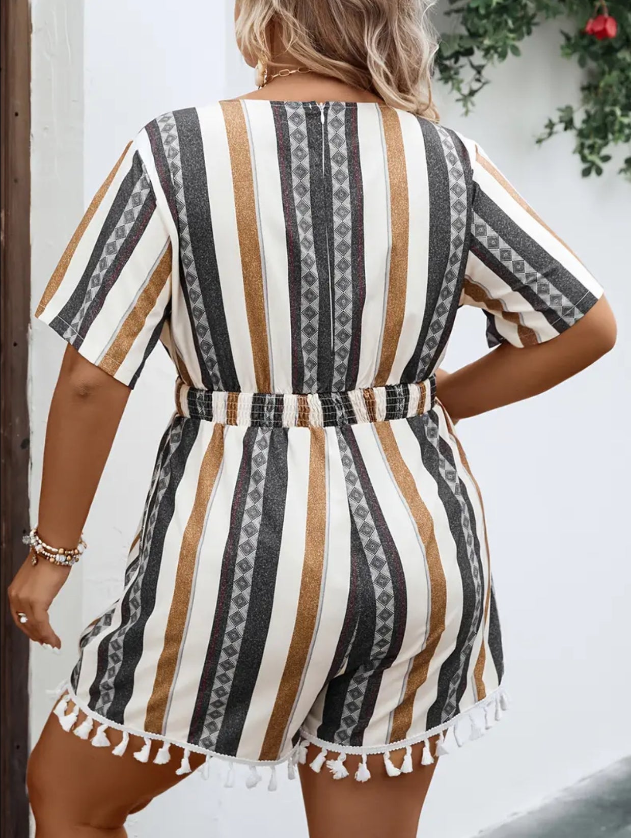 Plus size Multi Color Striped Romper with Tassel Hem Short