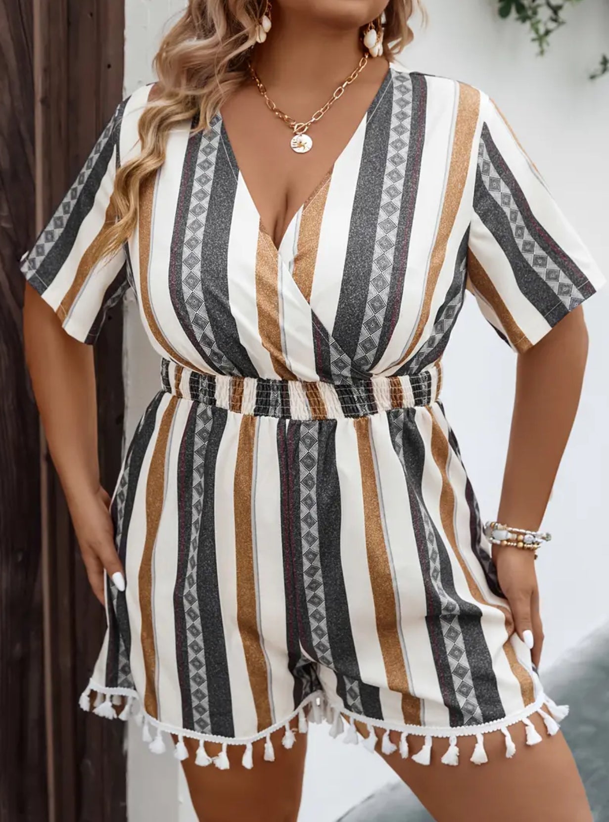 Plus size Multi Color Striped Romper with Tassel Hem Short