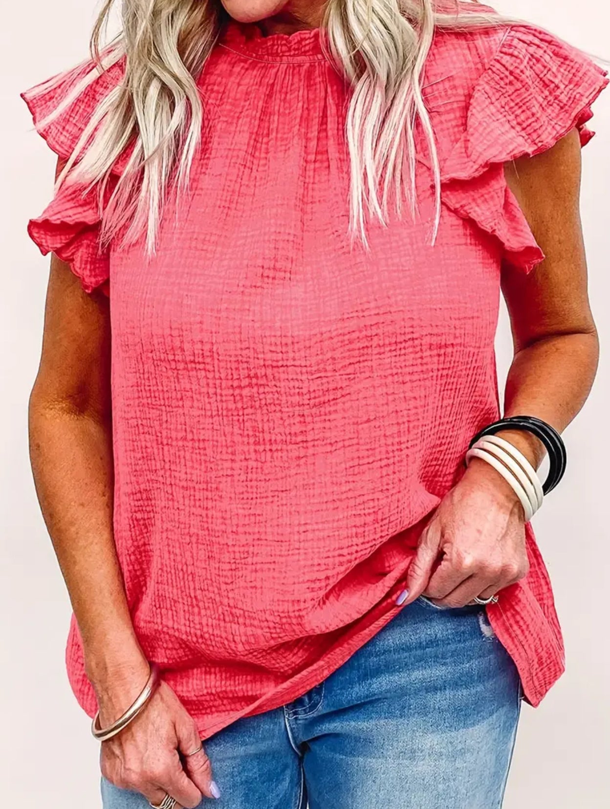 Coral Pink Color Mock Neck Summer Spring Top with Ruffle Sleeves