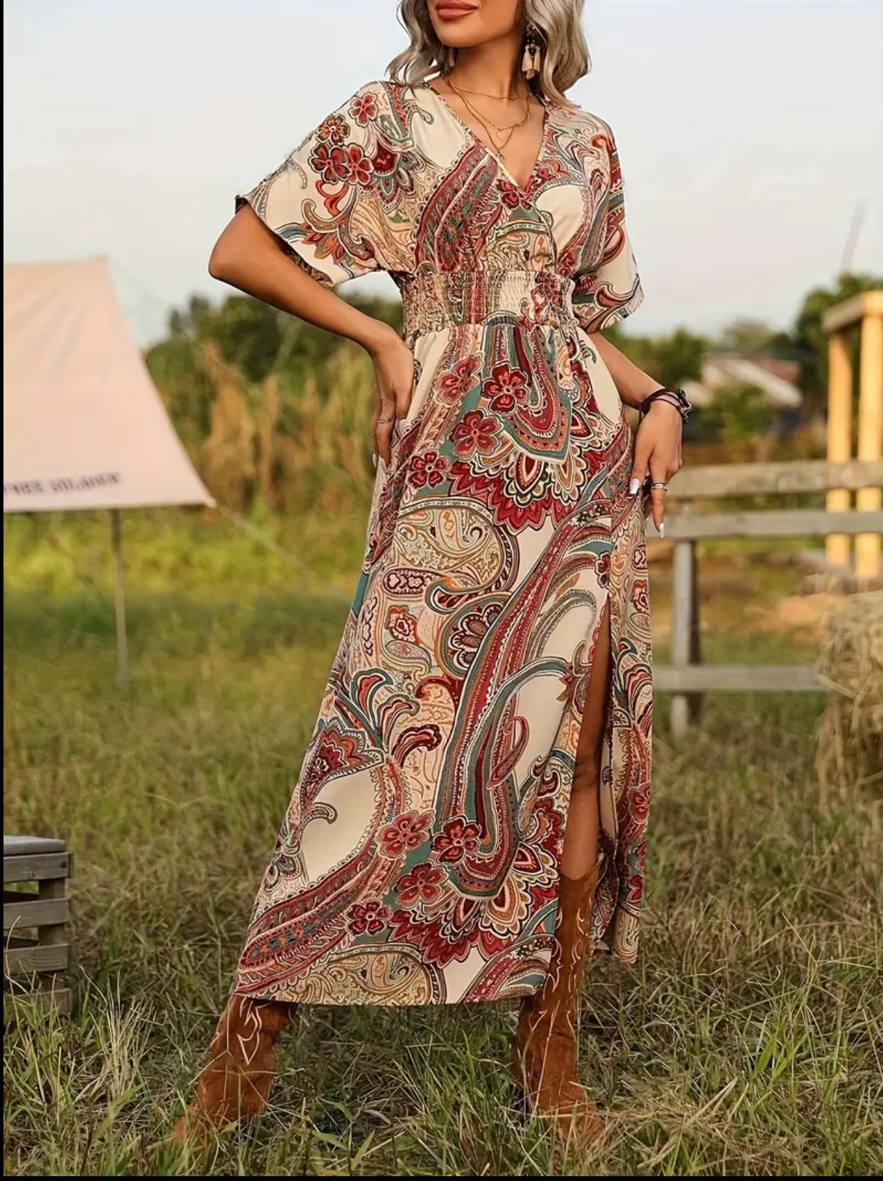 Paisley Print Dress with Cinched Waist and open Split Leg