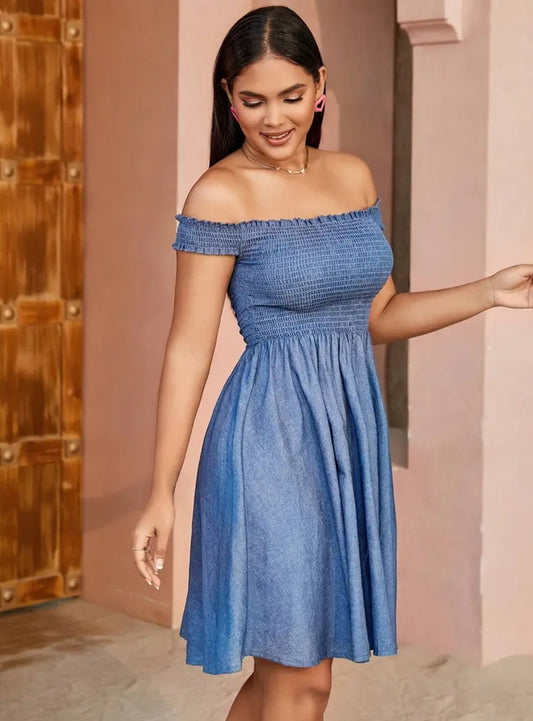 Off The Shoulder Denim Dress with Top Side Ruffled Detail