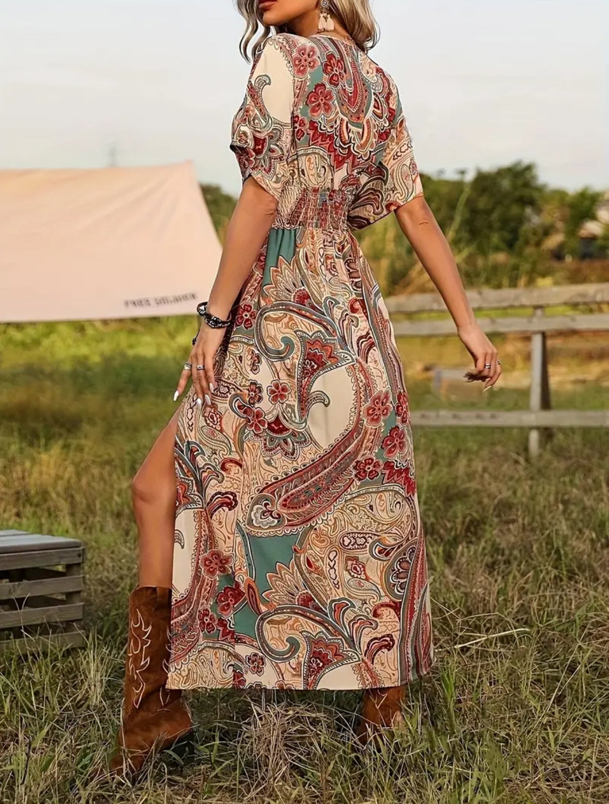 Paisley Print Dress with Cinched Waist and open Split Leg