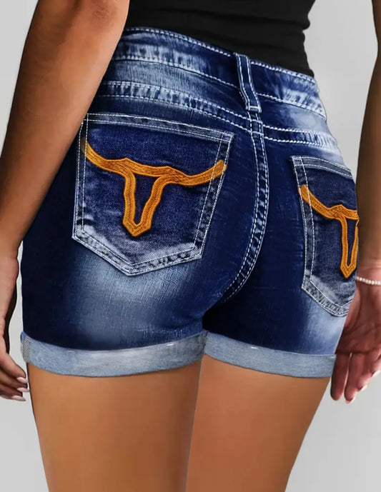 Women's High Waisted LongHorn Western Denim Shorts