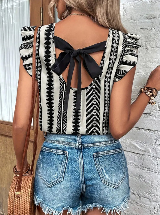 Striped-Multi Pattern Ruffle Sleeve Blouse with Bowtie Swoop Back