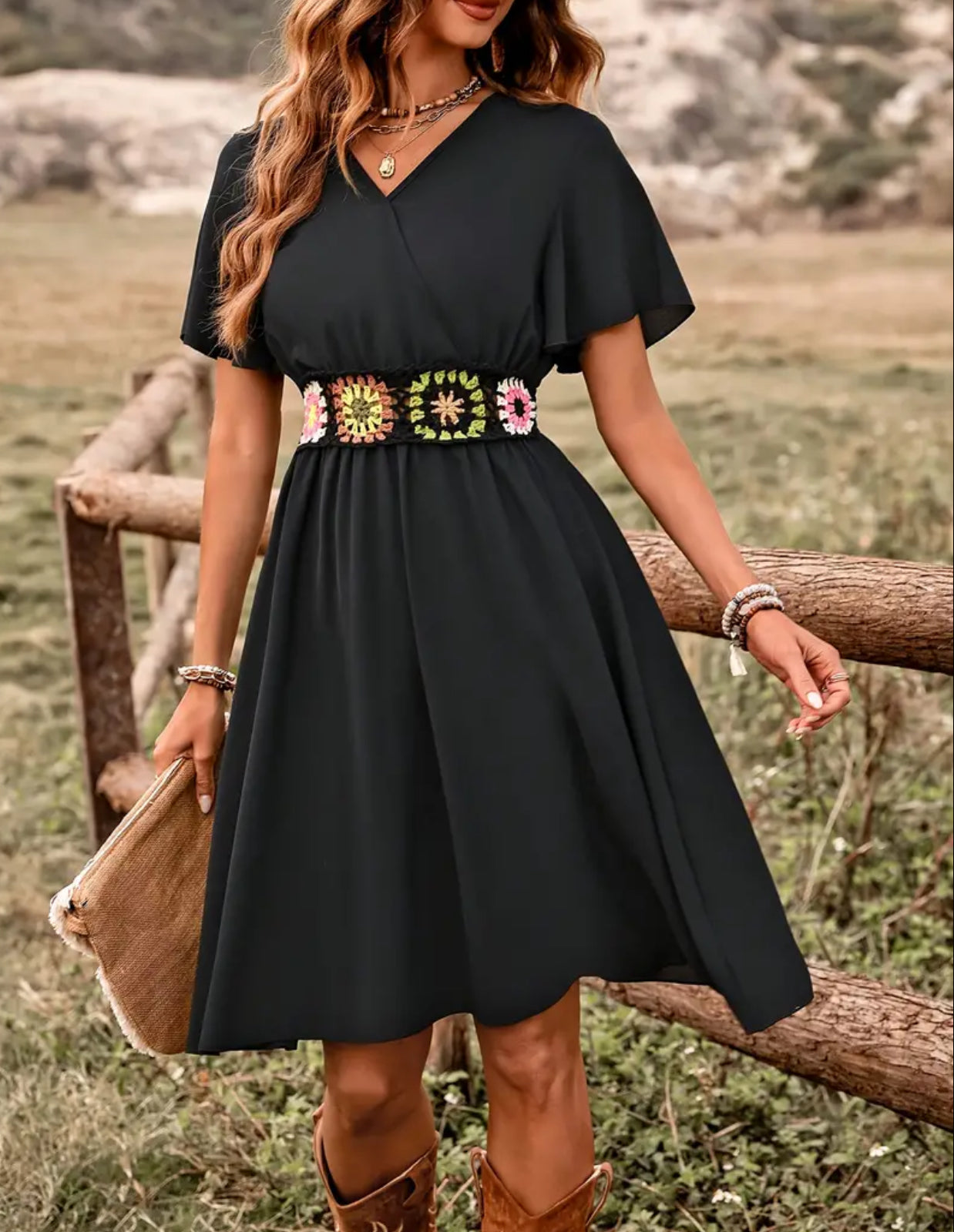 Black V-Neck dress with Floral Pattern Cinched Waist