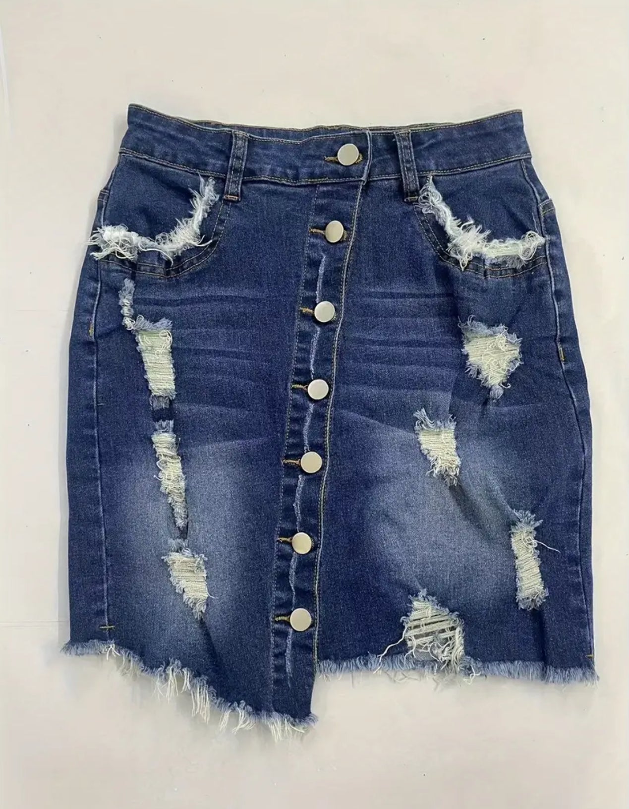 Ripped Denim Skirt With Raw Hem and Asymmetrical Details