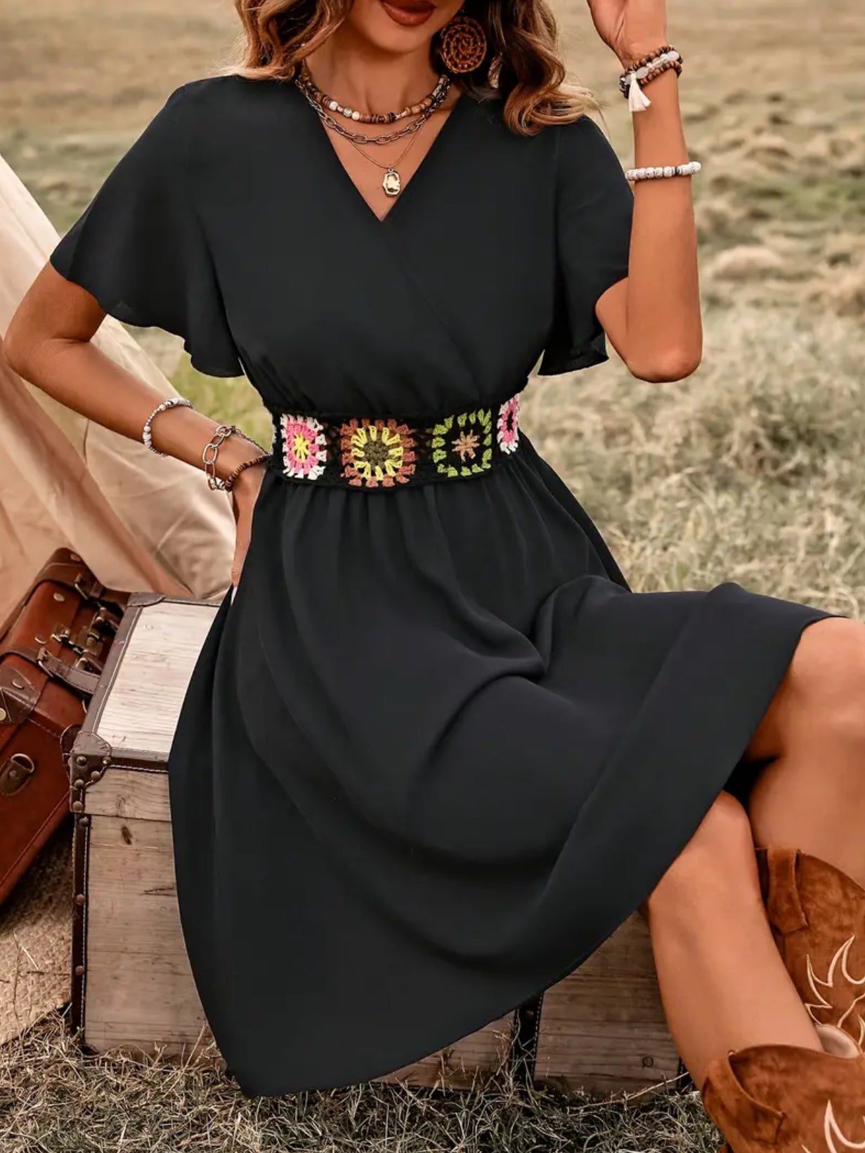 Black V-Neck dress with Floral Pattern Cinched Waist