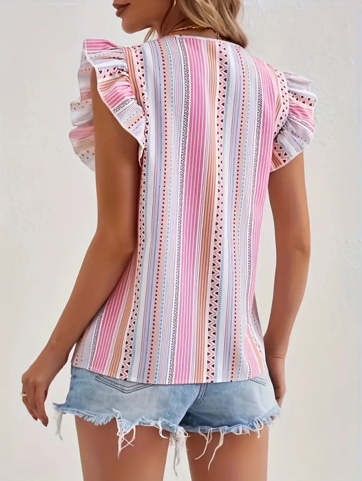 Pink Elegant Striped V-Neck with ruffled Sleeve