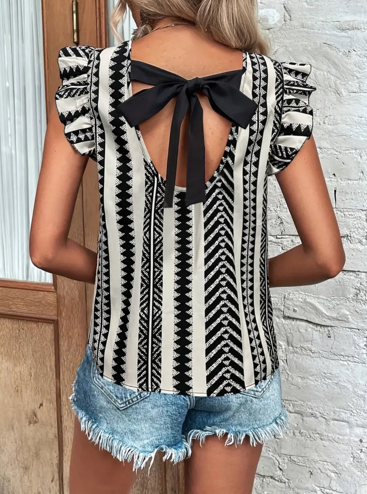 Striped-Multi Pattern Ruffle Sleeve Blouse with Bowtie Swoop Back