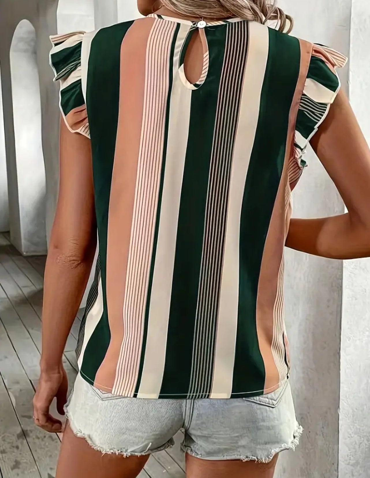 Green, Cream, and Pink Striped Ruffle Sleeve Summer Blouse