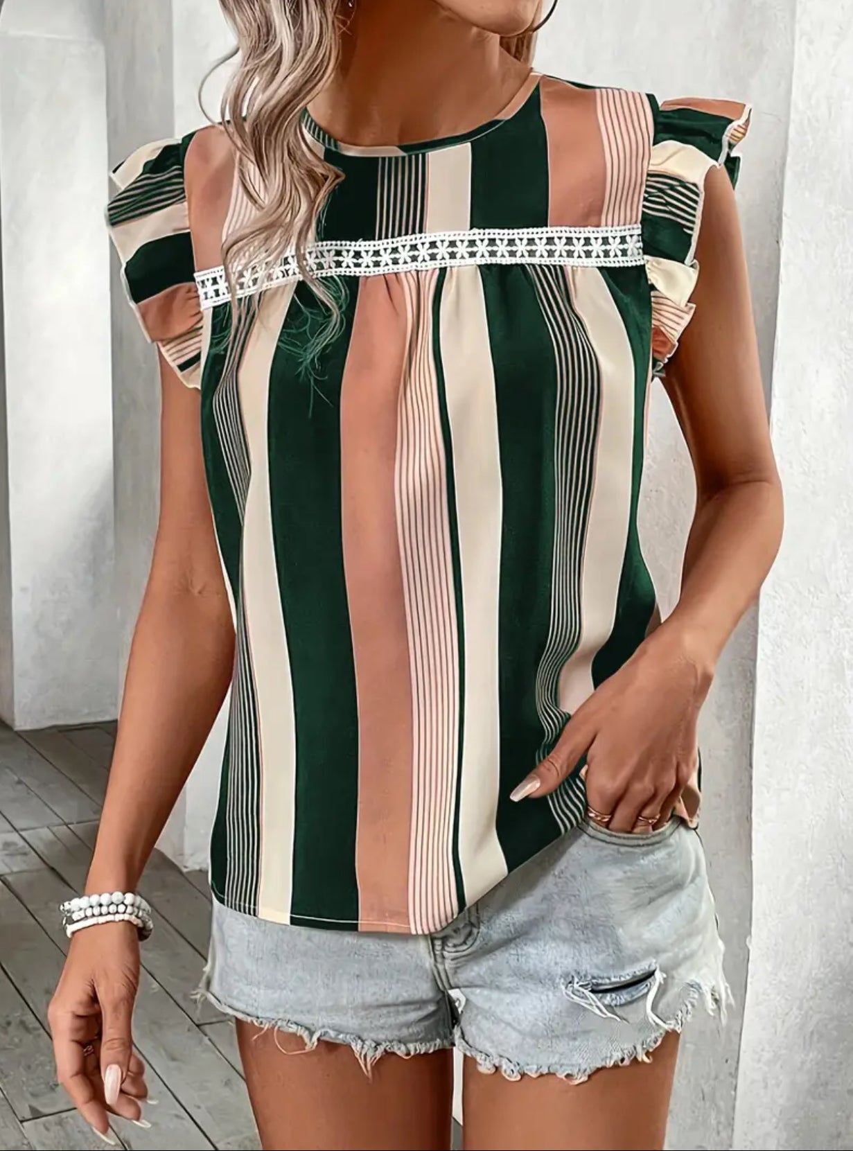 Green, Cream, and Pink Striped Ruffle Sleeve Summer Blouse