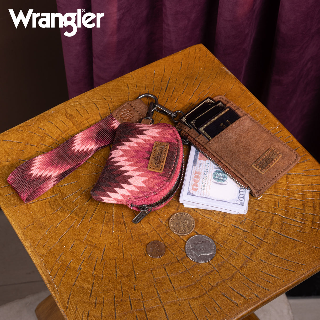 Wrangler Southwestern Art Print Dual Pouch Wristlet - Dark Pink