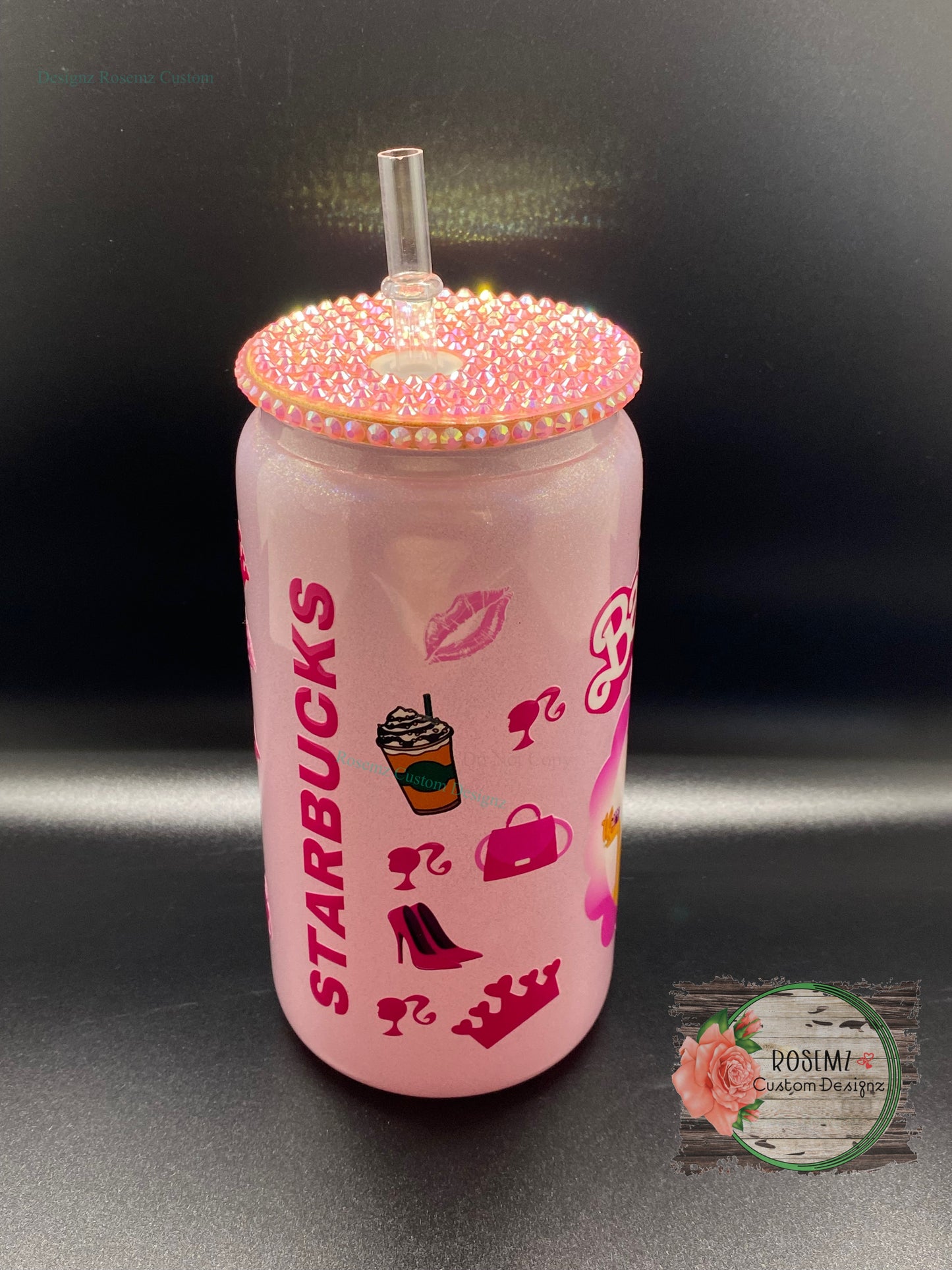 Barbie coffee pink shimmer glass cup with rhinestone lid. RTS