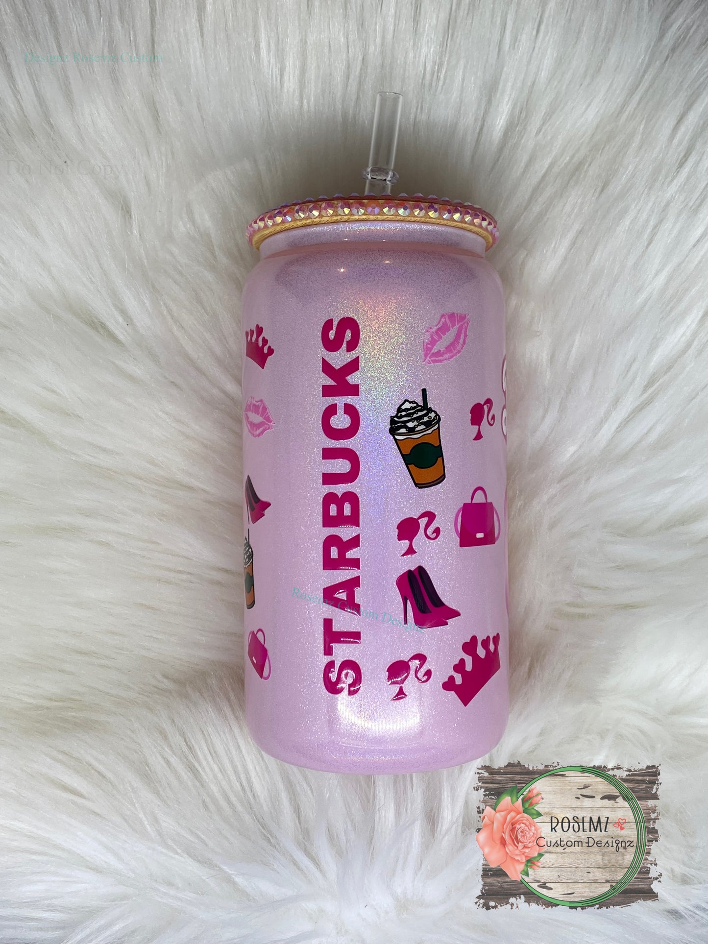 Barbie coffee pink shimmer glass cup with rhinestone lid. RTS