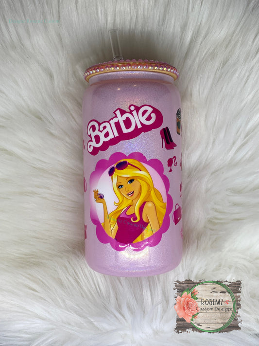 Barbie coffee pink shimmer glass cup with rhinestone lid. RTS