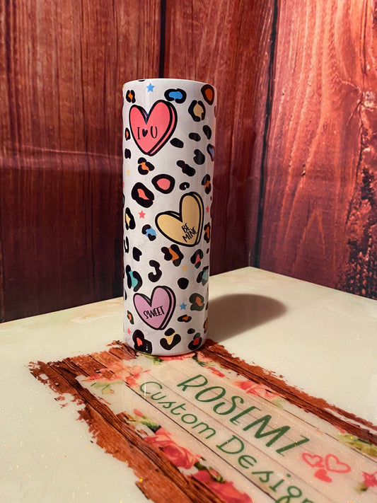 Conversation hearts and leopard valentine tumbler