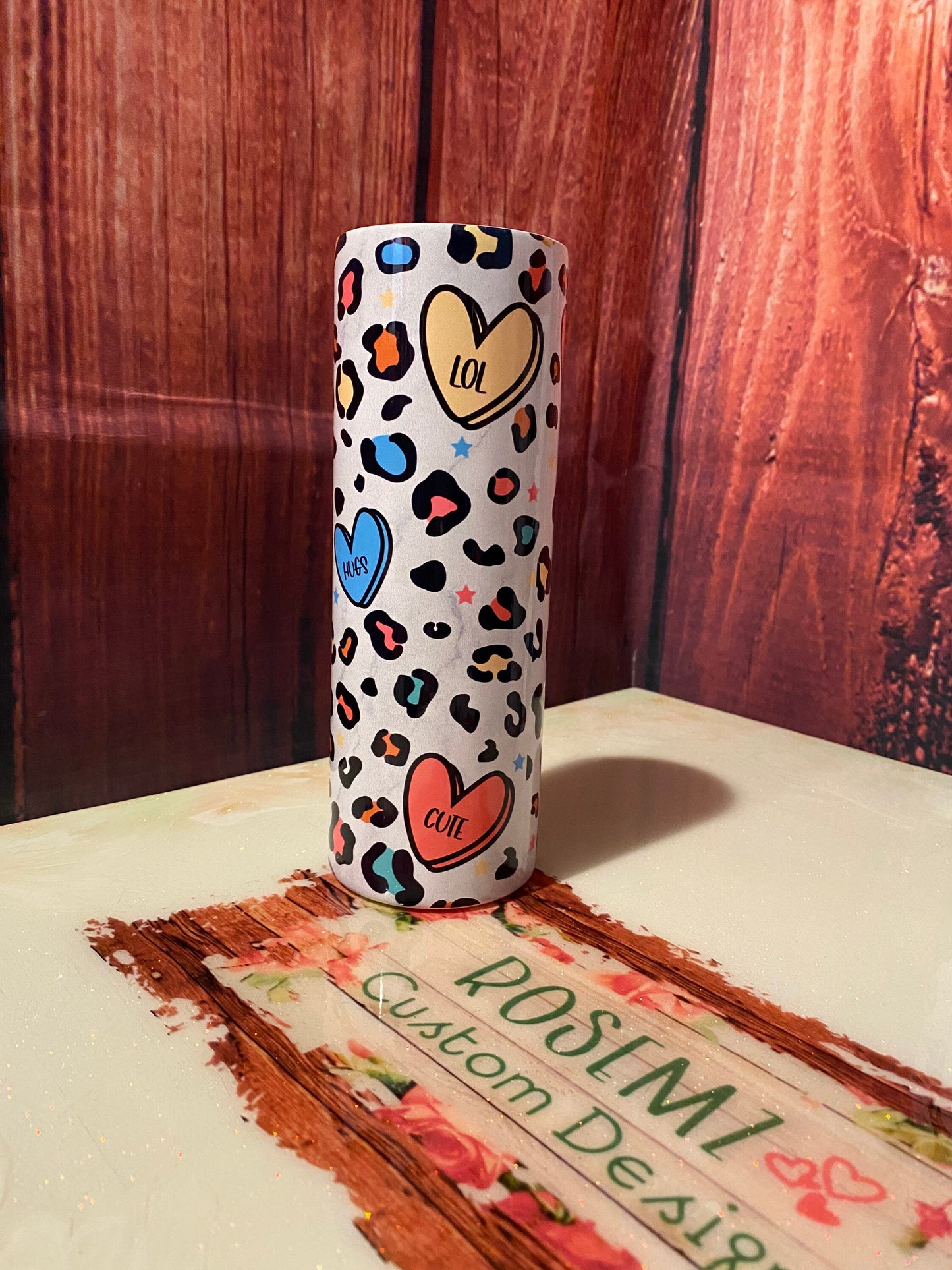 Conversation hearts and leopard valentine tumbler