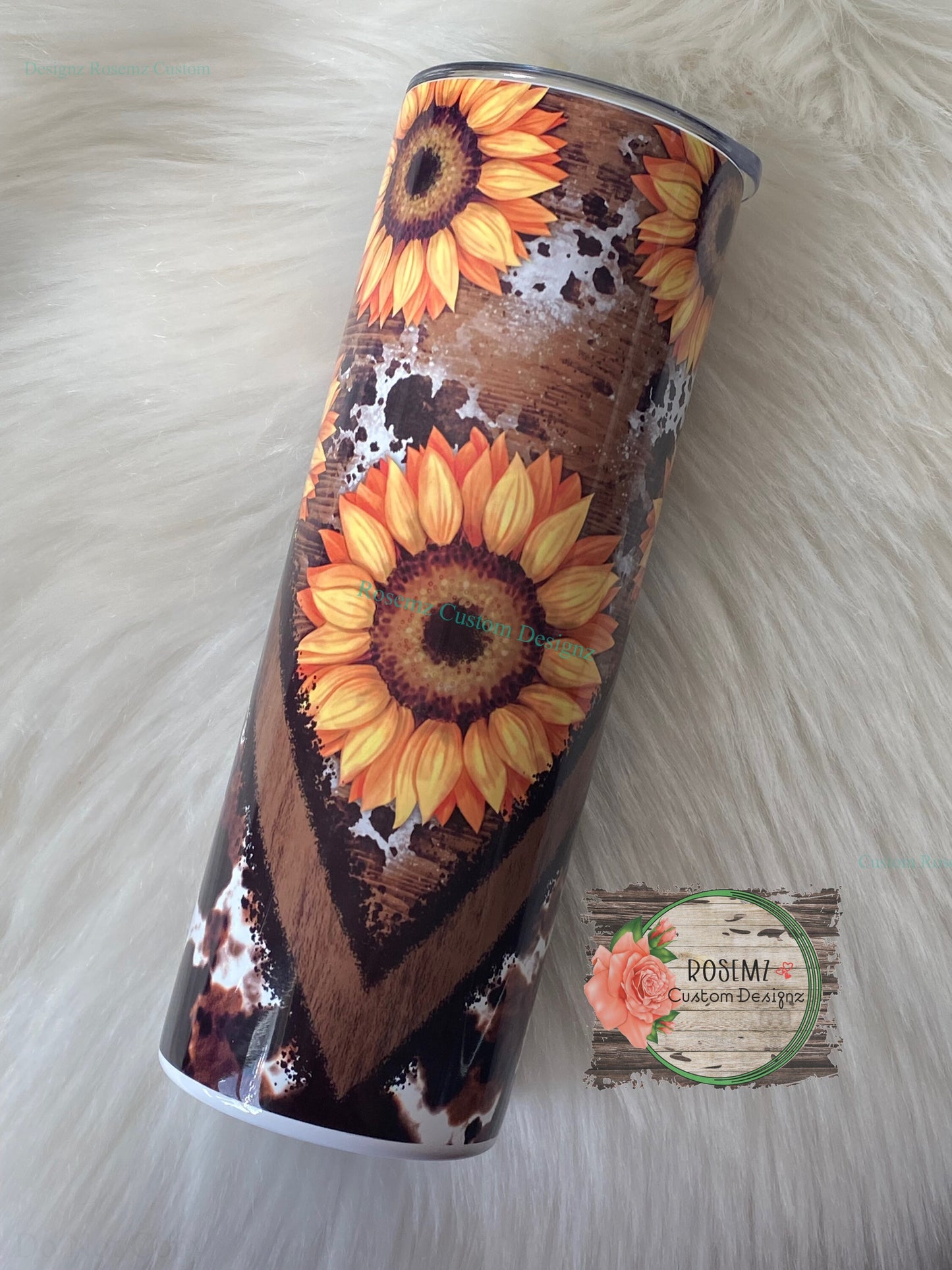 Sunflower and cow print v-split 20oz tumbler.