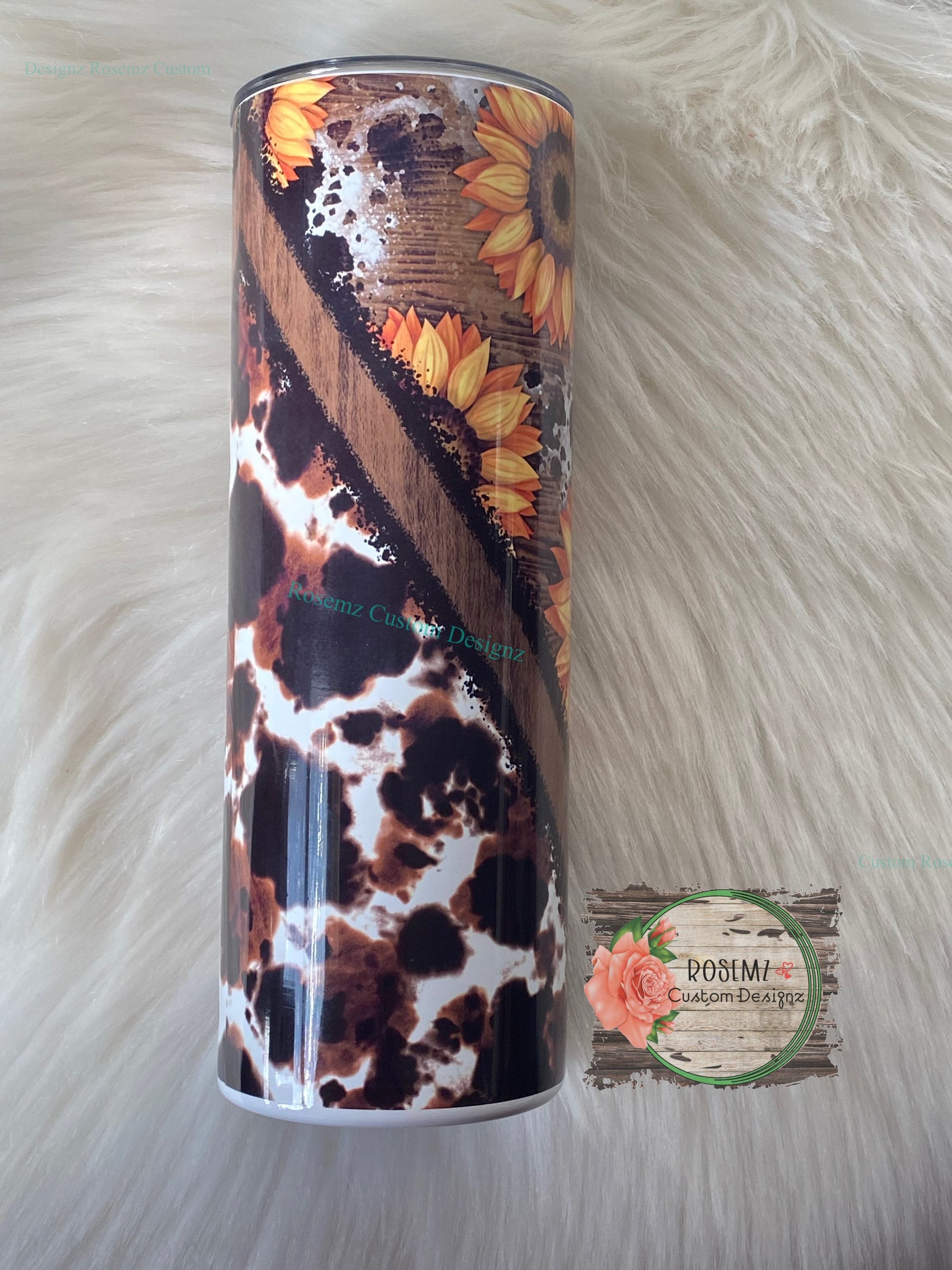 Sunflower and cow print v-split 20oz tumbler.