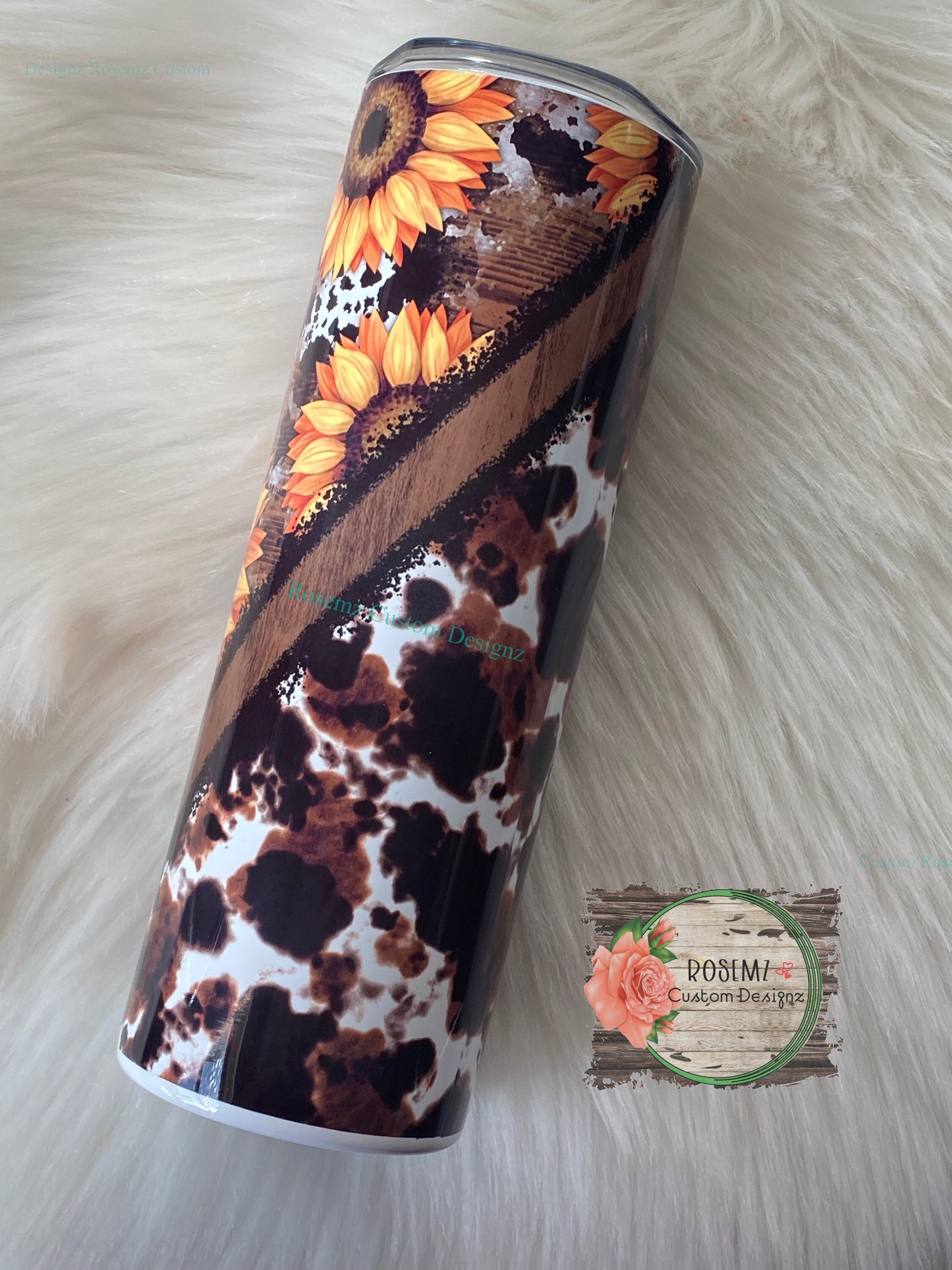 Sunflower and cow print v-split 20oz tumbler.